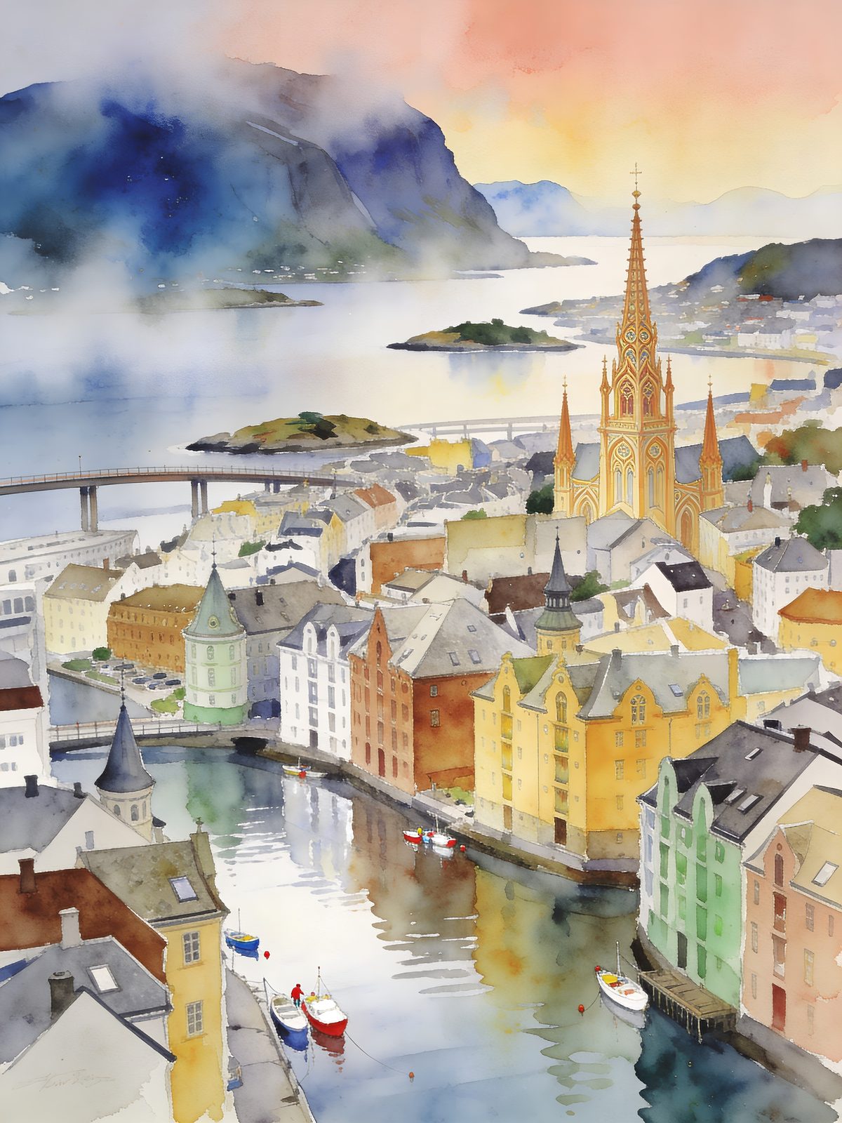 Alesund watercolor — art nouveau facades in muted pastels along a harbour, fjord mountains dissolving into Nordic mist