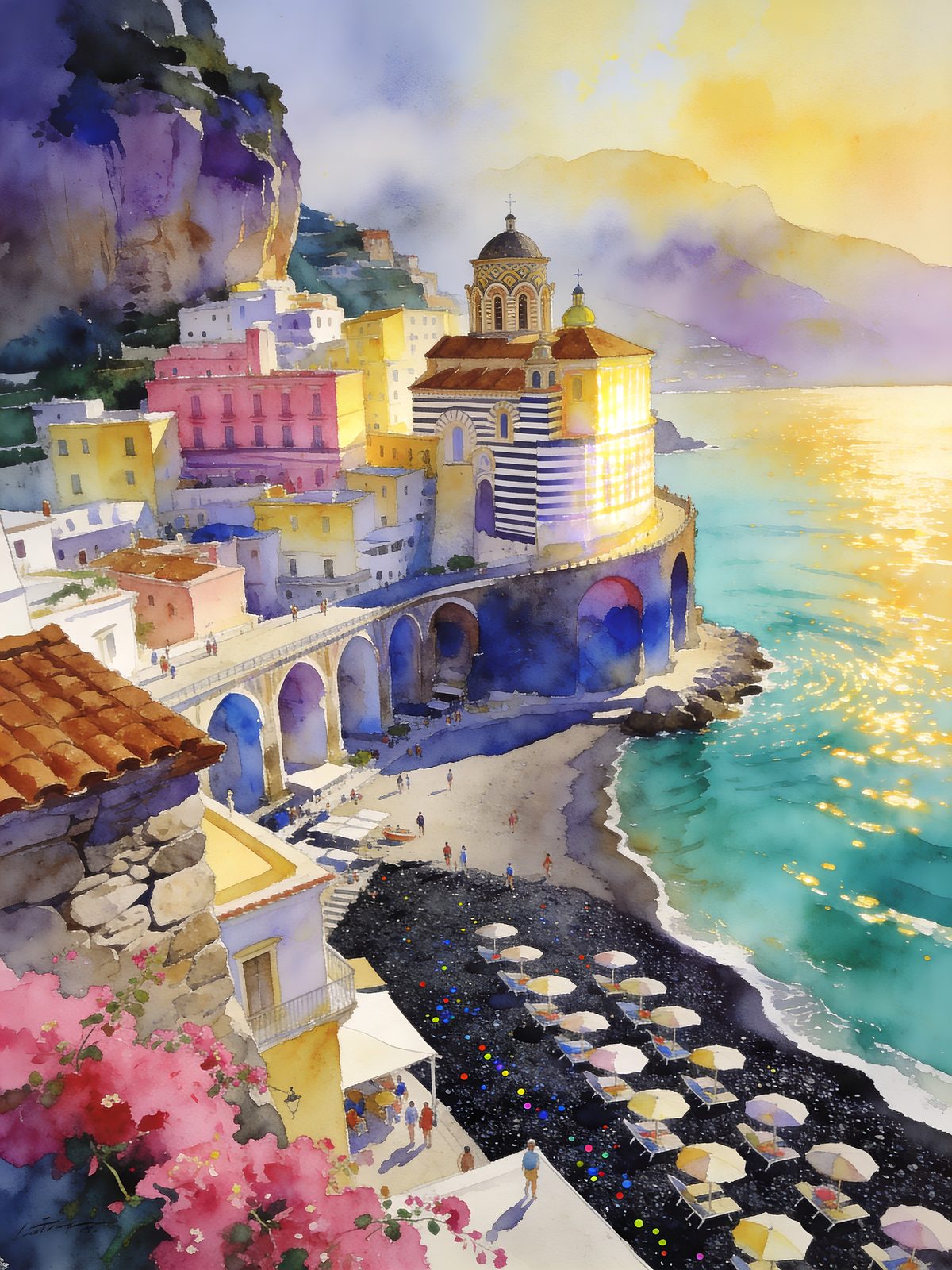 Amalfi Coast watercolor — terraced lemon groves tumbling toward a turquoise sea, pastel houses clinging to cliffsides