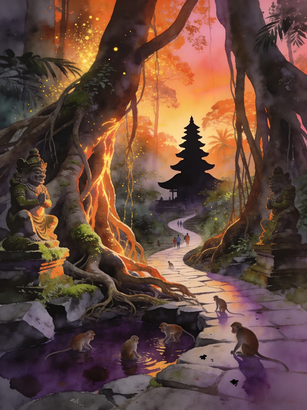 Bali watercolor — ancient temple silhouette at sunset through banyan roots, monkeys at a sacred pool