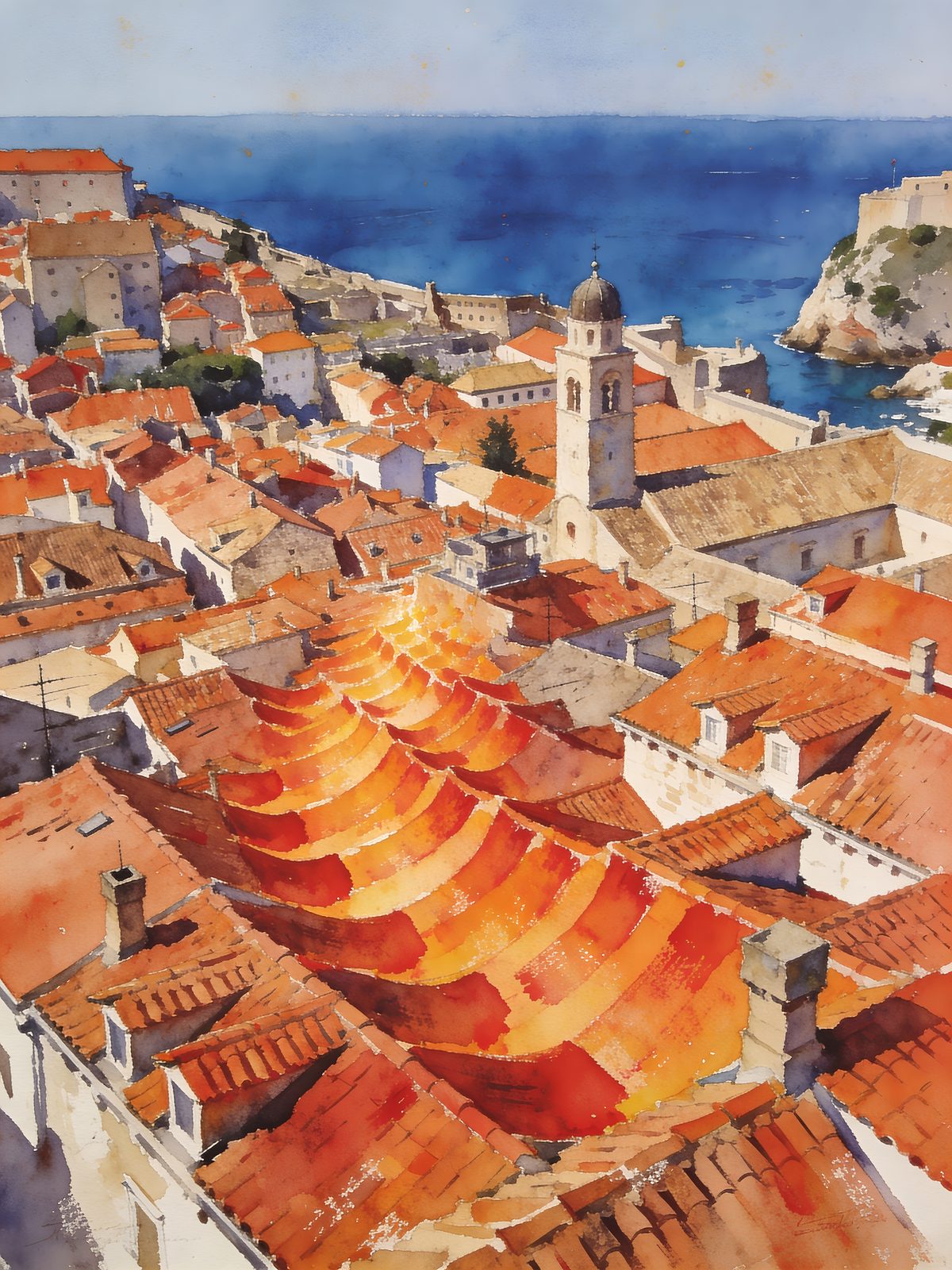 Dubrovnik watercolor — terracotta rooftops cascading toward the Adriatic, ancient walls catching afternoon light