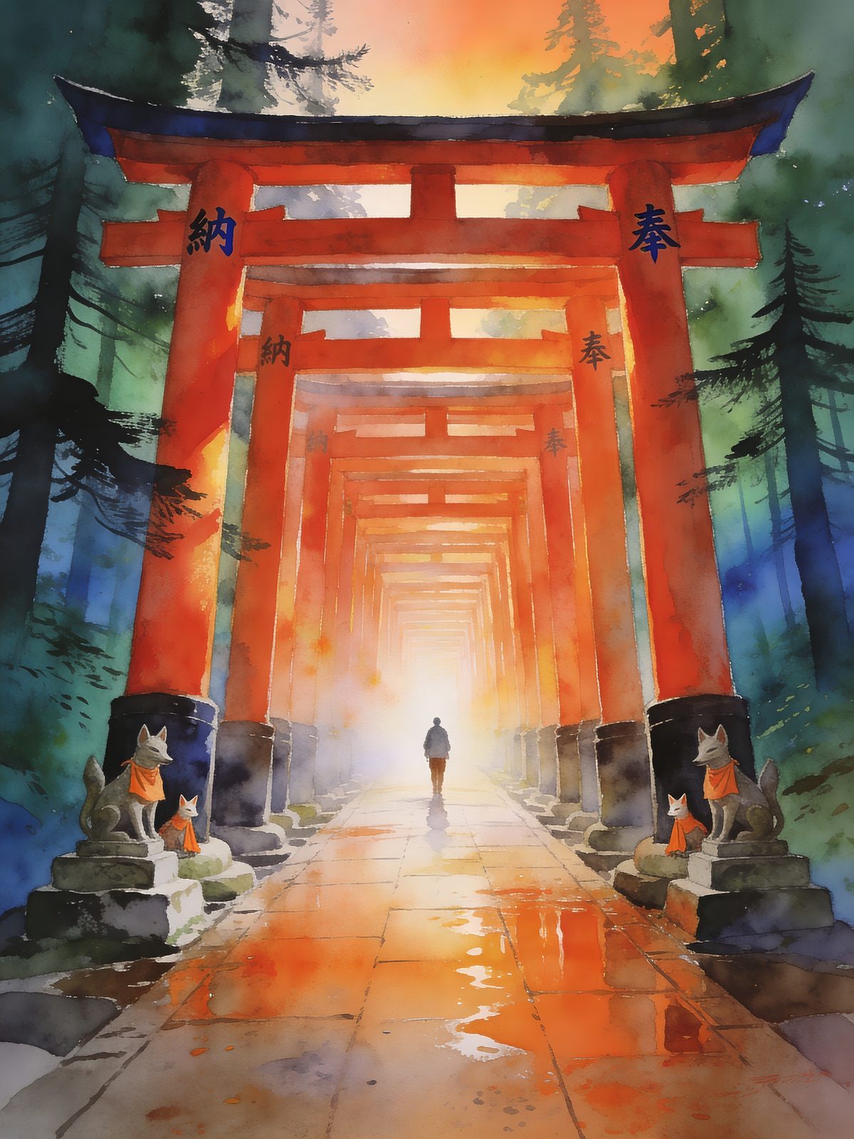 Kyoto watercolor — torii gates in soft crimson washes, autumn leaves dissolving into mist