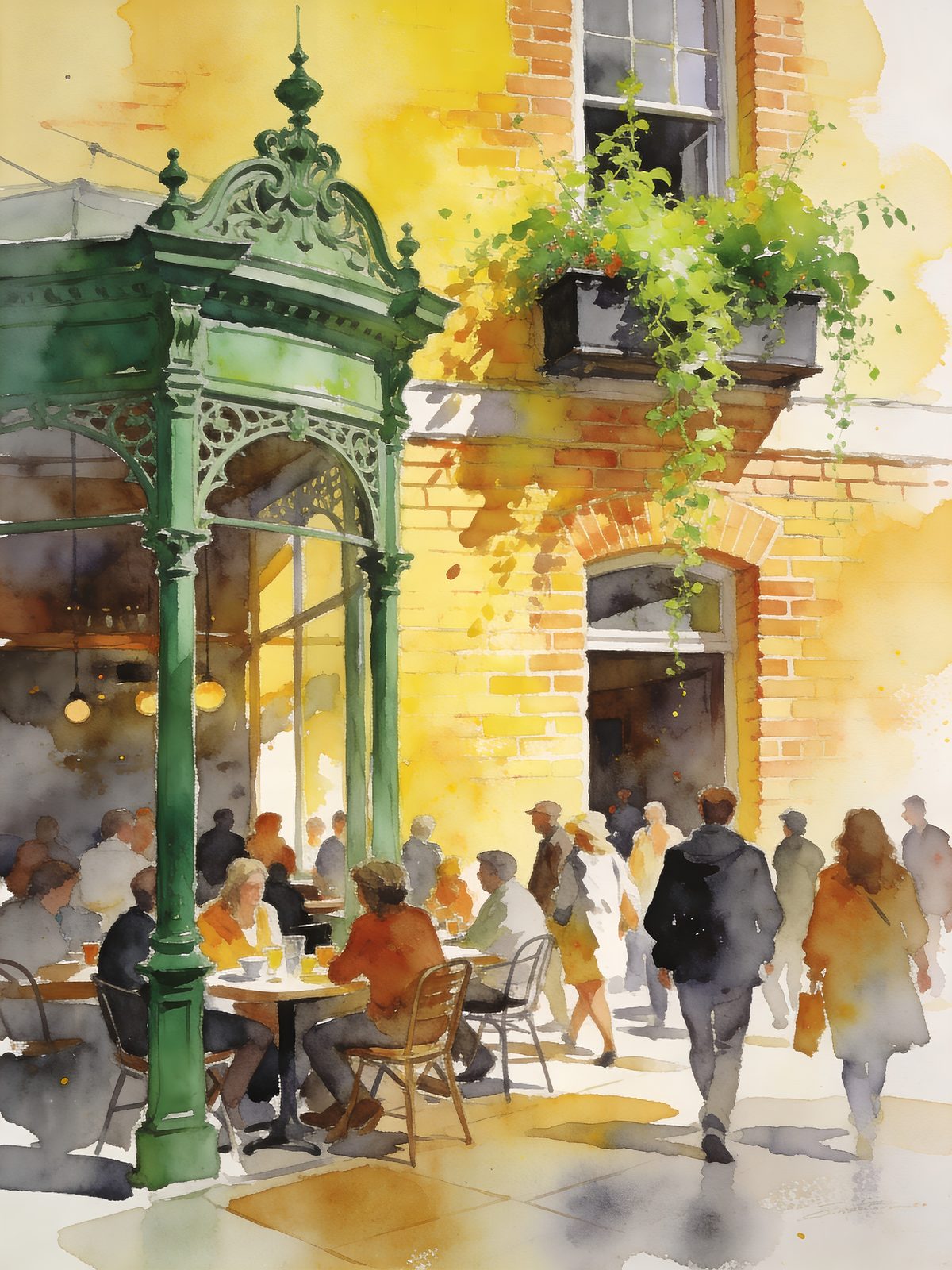 London watercolor — Tower Bridge and the Thames at golden hour, red buses crossing the bridge, city skyline dissolving into mist