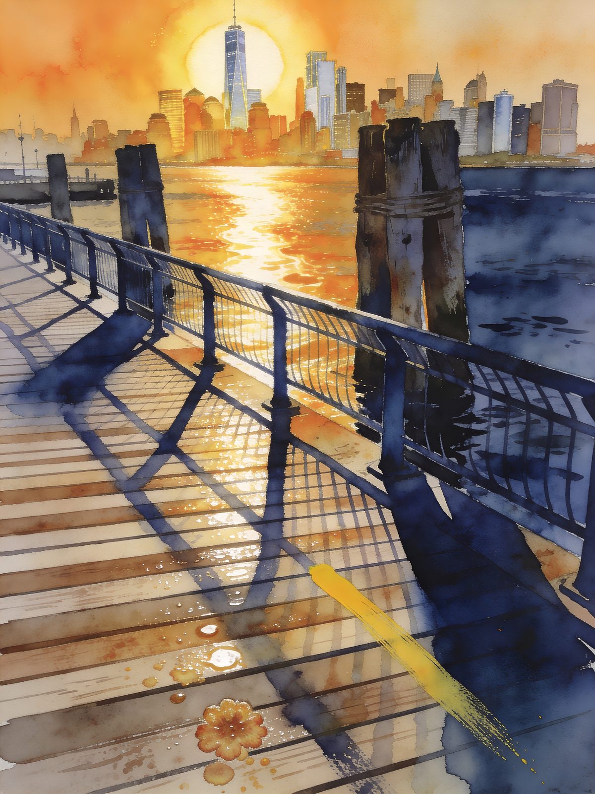 New York watercolor — Manhattan skyline at dusk, warm light catching brownstone facades, Central Park in autumn gold