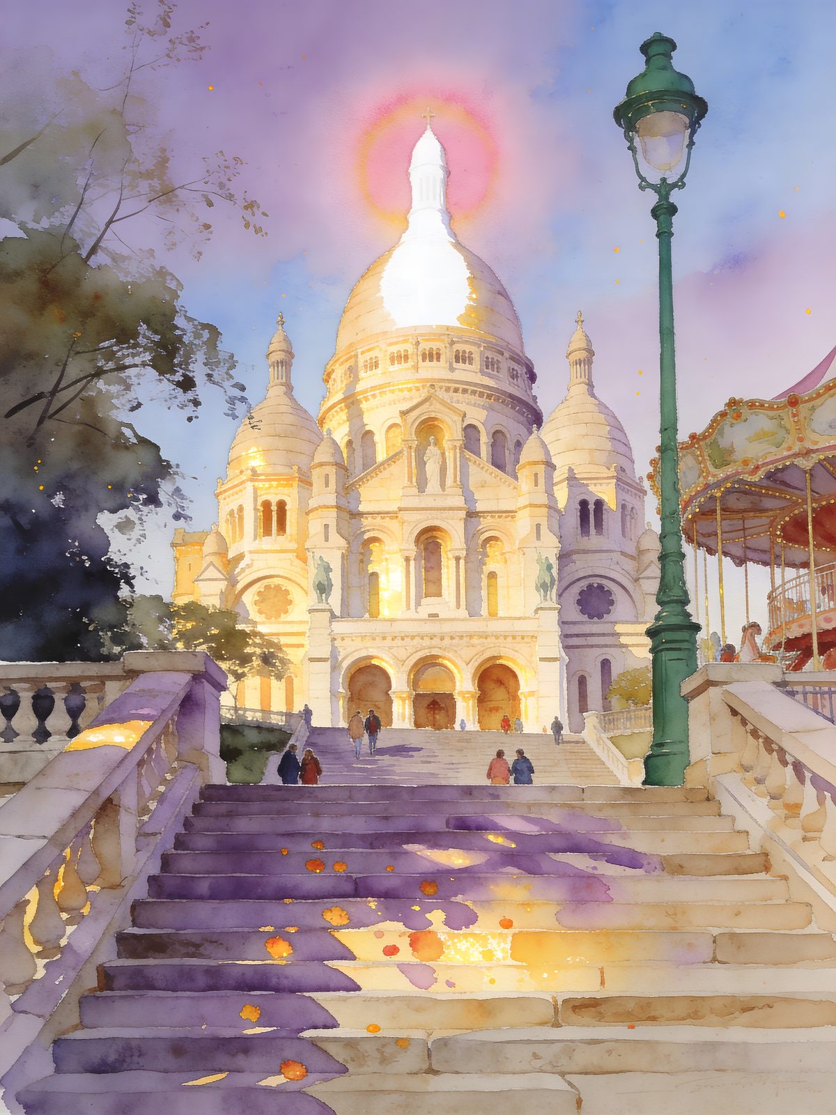 Paris watercolor — Eiffel Tower seen through chestnut trees along the Seine, a bookseller's stall in the foreground