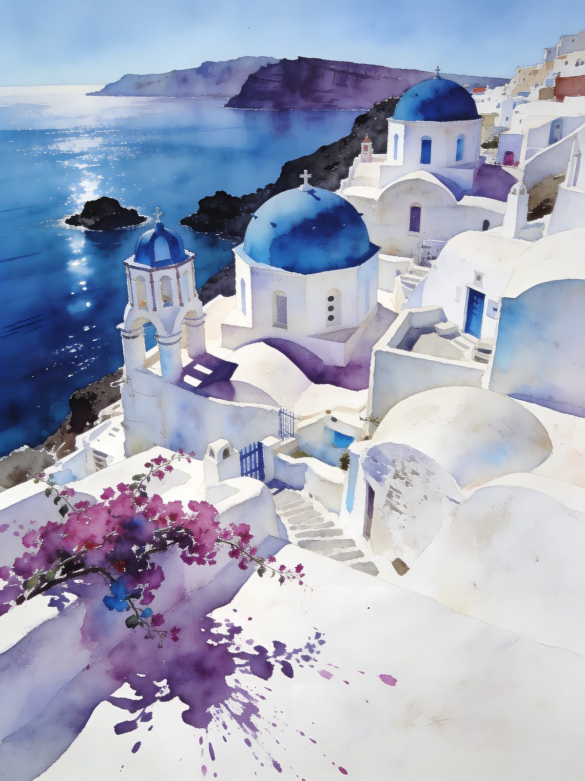 Santorini watercolor — white domes and the caldera in soft, luminous washes of blue and gold