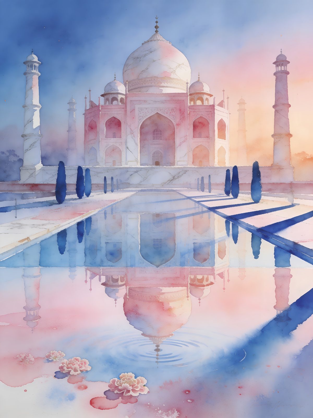 Taj Mahal watercolor — ivory marble dome reflected in the long pool at dawn, soft apricot sky, cypress sentinels