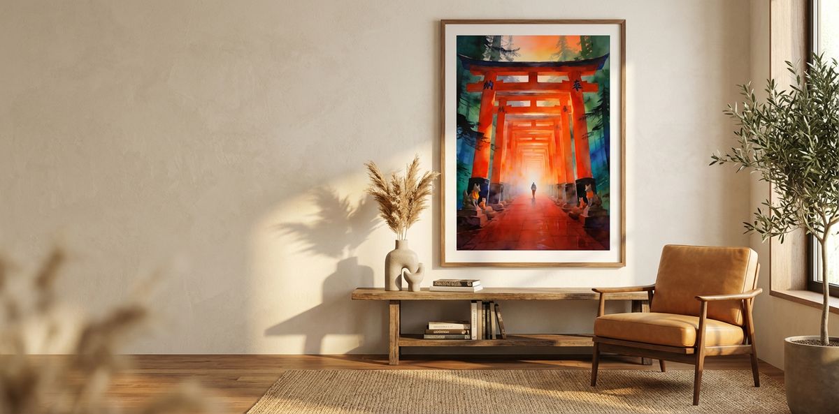 Kyoto torii gates watercolor in a de Gournay-style editorial room — warm limewash plaster wall, walnut frame, camel leather armchair, pampas grass, golden afternoon light