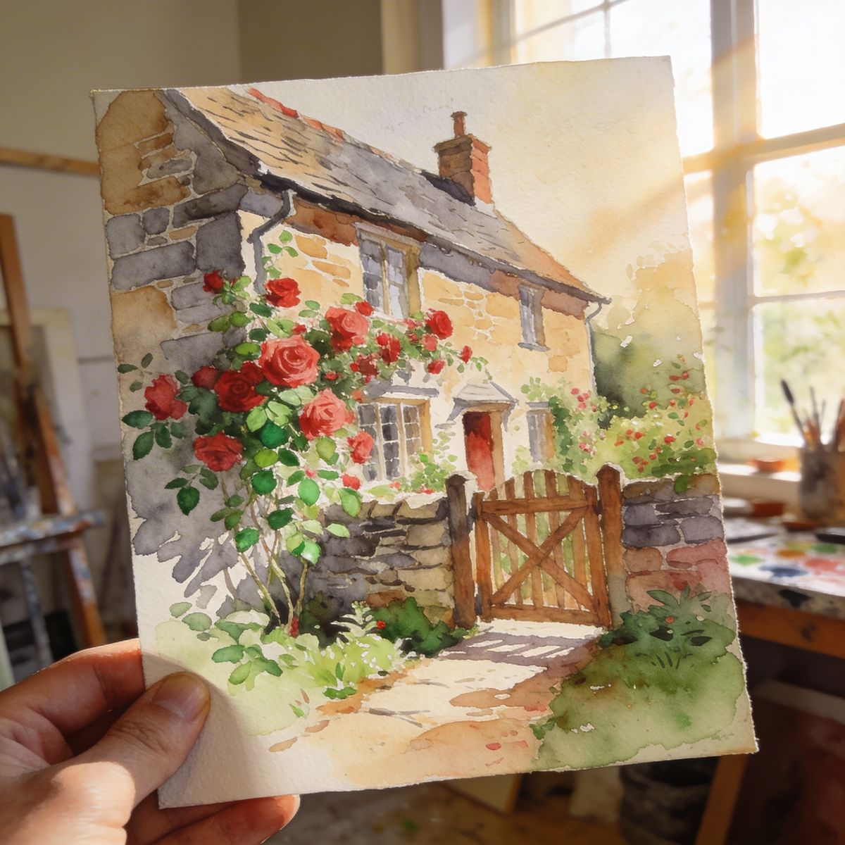 Watercolor painting of an English cottage with climbing roses and a garden gate