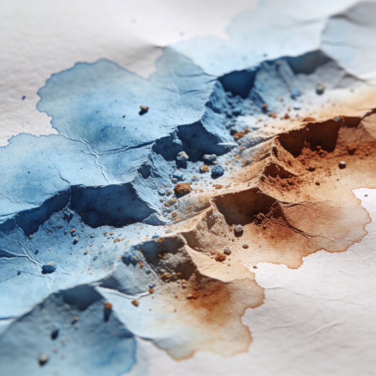 Extreme macro of watercolor pigment granulating into cold-pressed paper — individual mineral particles visible in the tooth of the cotton surface