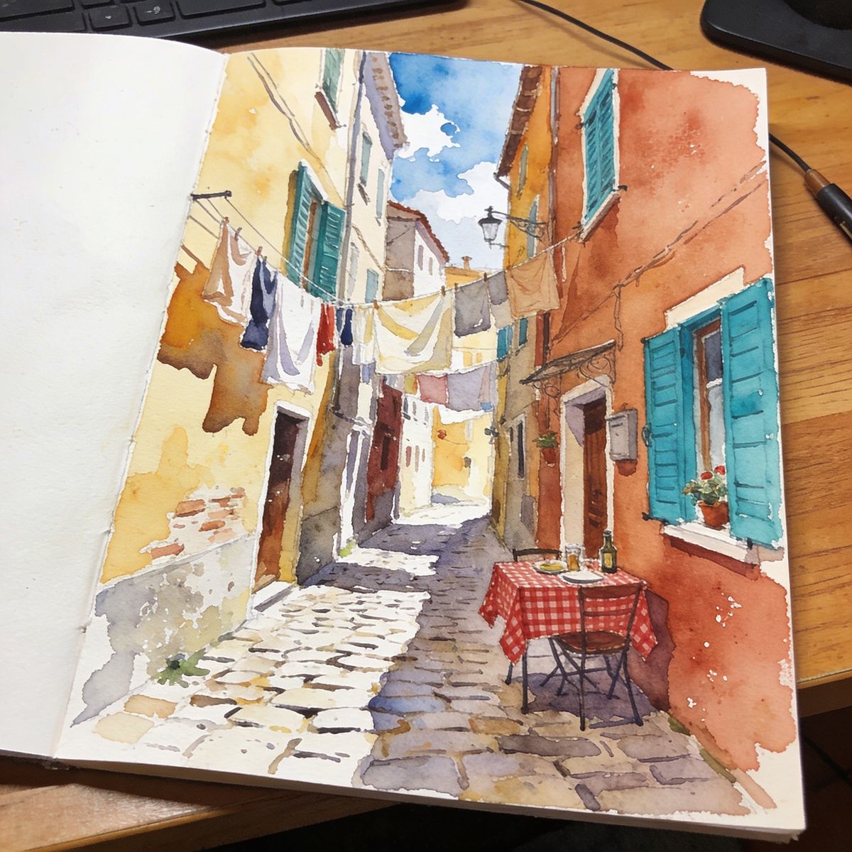 Watercolor painting of an Italian street scene — cobblestone alley with warm ochre walls and a trattoria