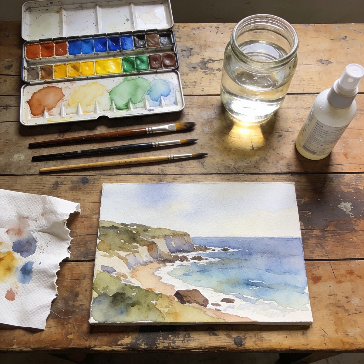 Watercolor studio workspace — brushes, pigments, and a half-finished painting of a coastal scene on cold-pressed paper