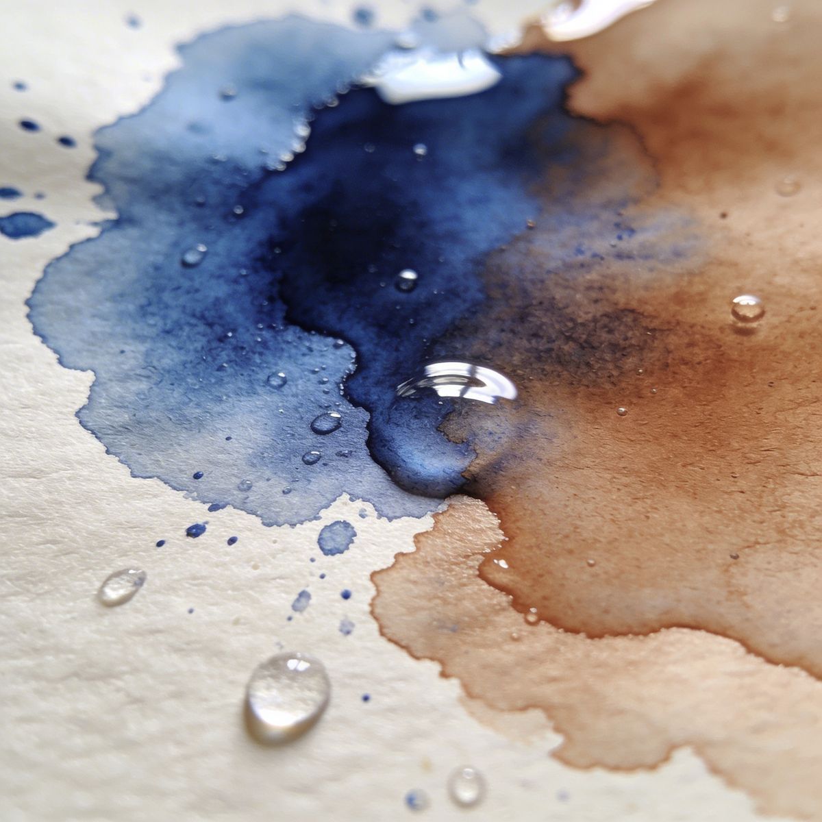 Watercolor wet-on-wet bloom — ultramarine pigment drifting into a wash of burnt sienna on wet paper, edges dissolving into soft halos