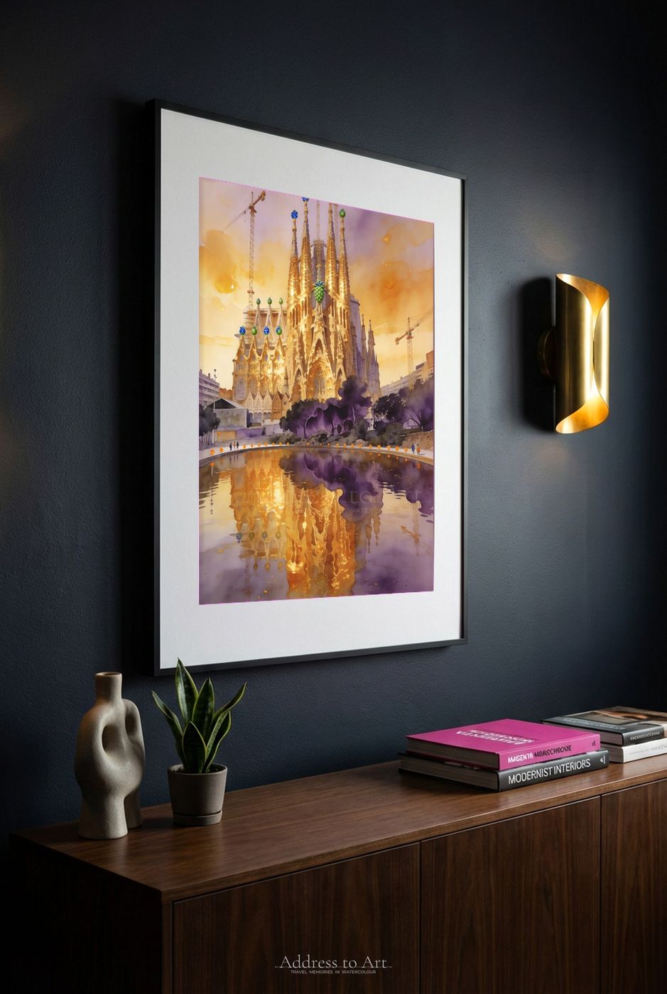 Barcelona watercolor on a dark wall — Gaudí architecture in warm Mediterranean light against charcoal