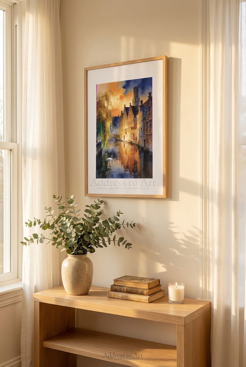 Bruges canal watercolor in a sunlit window nook — golden reflections, medieval facades, sheer curtains, warm light