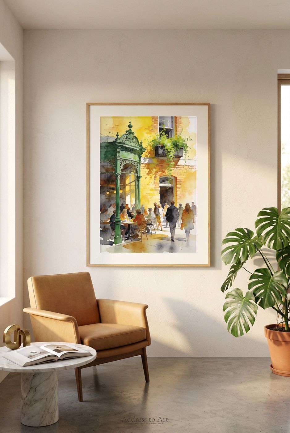 London watercolor print in an editorial room setting — framed on a warm-toned wall above a reading nook
