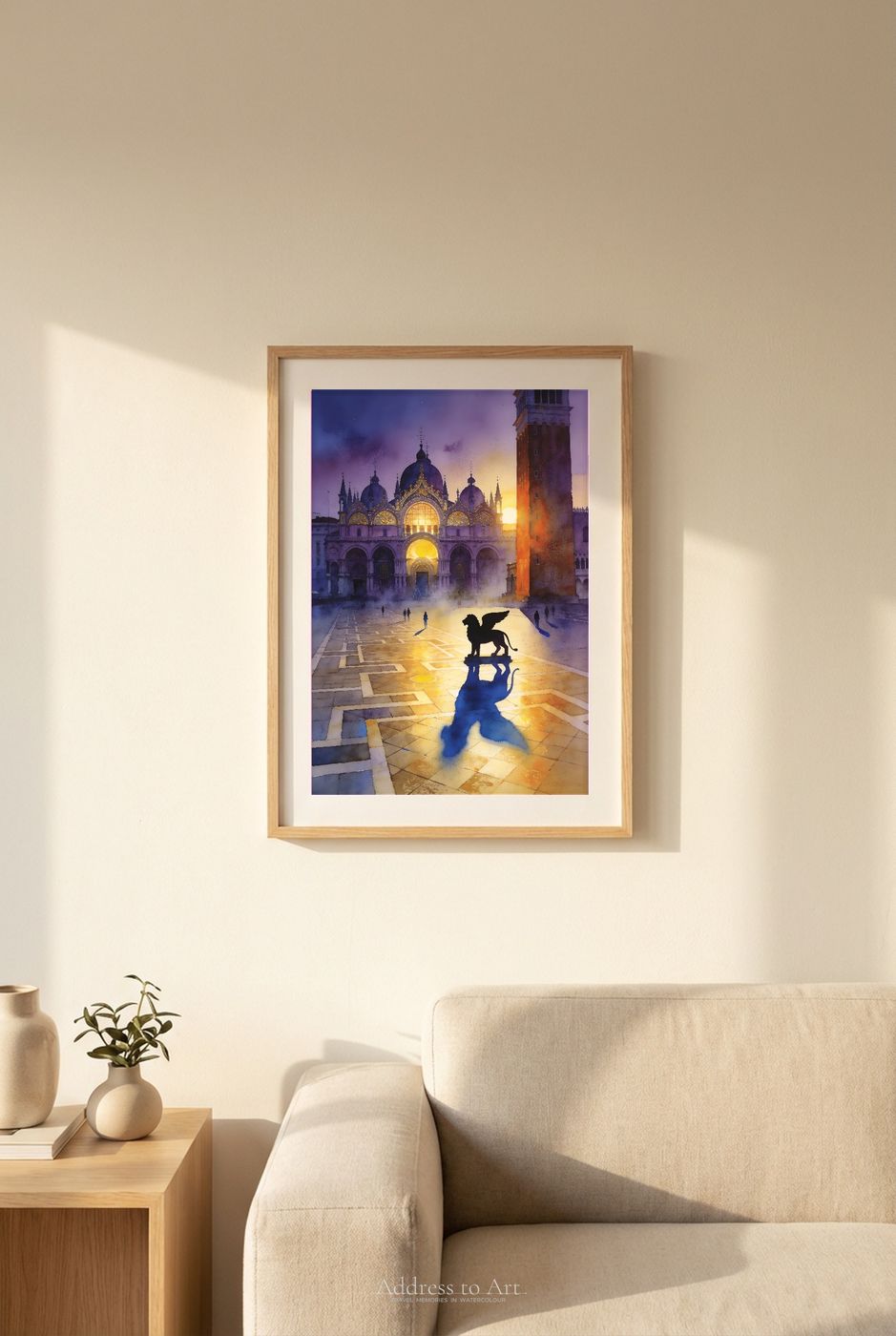 Venice watercolor print in an editorial room setting