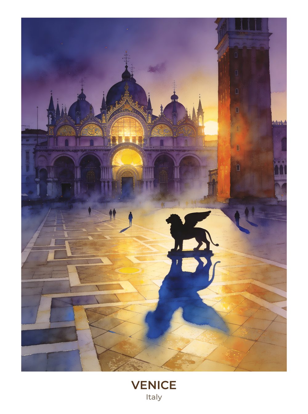 Venice watercolor print — San Marco at dusk with winged lion silhouette, location text below on art paper